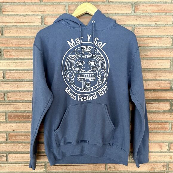 1972 Mar Y Sol Pop Music Festival Small Blue Hoodie Sweatshirt Aztec Face - Picture 1 of 5